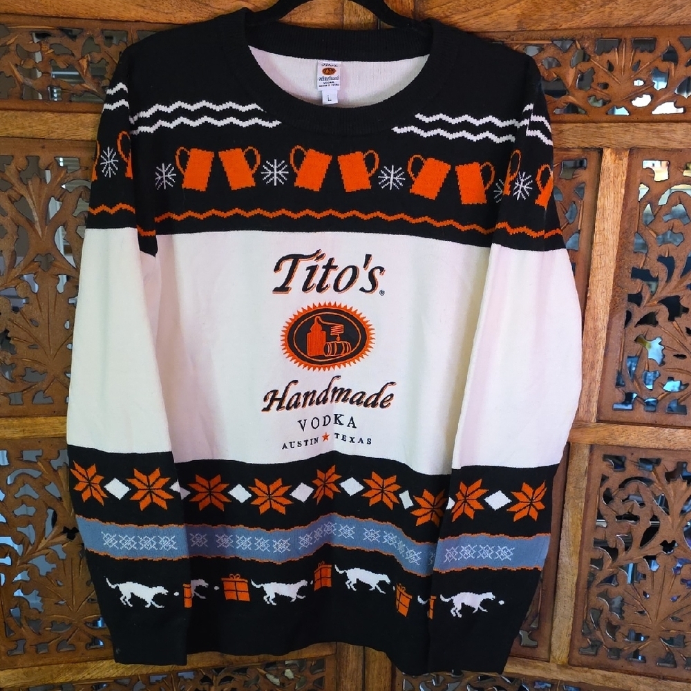 * Christmas Sweater Handmadr Men's Sweater - Black and Orange Size Large